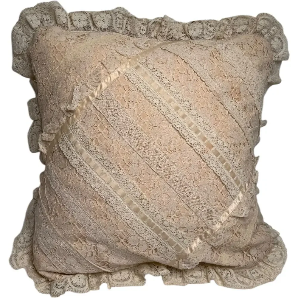 Vintage 1930s–1940s Ivory Lace Boudoir Pillow 21x21 Handmade Cottagecore